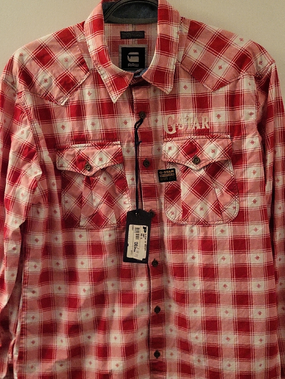 G-Star Red and White Plaid Button-Up Shirt